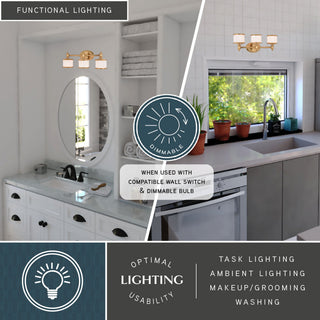 Carlisle Vanity Light, Natural Brass, White Frosted Opal Glass, 3-Light