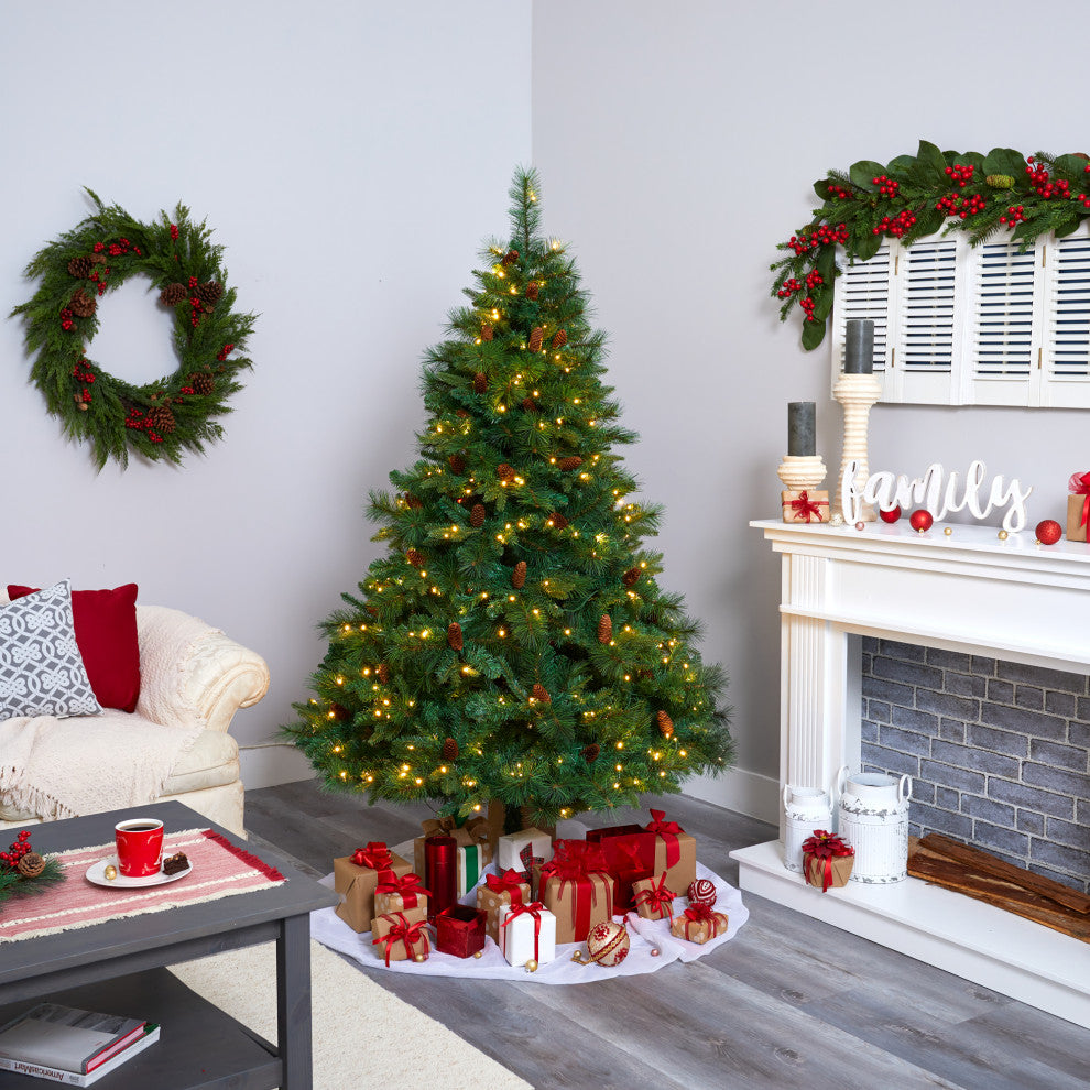 6.5' West Virginia Full Bodied Mixed Pine Faux Xmas Tree W/ Lights & Pinecones