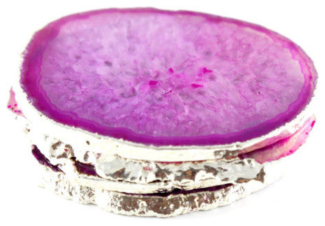 Hot Pink Agate Coasters (Set of 4), Silver