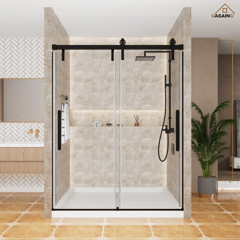 59-in to 60-in x 76-in Frameless Sliding Shower Door, Matte Black