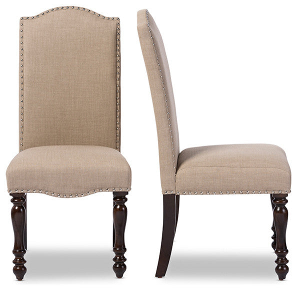 Zachary Oak Brown Beige Linen Fabric Dining Chair, Set of 2