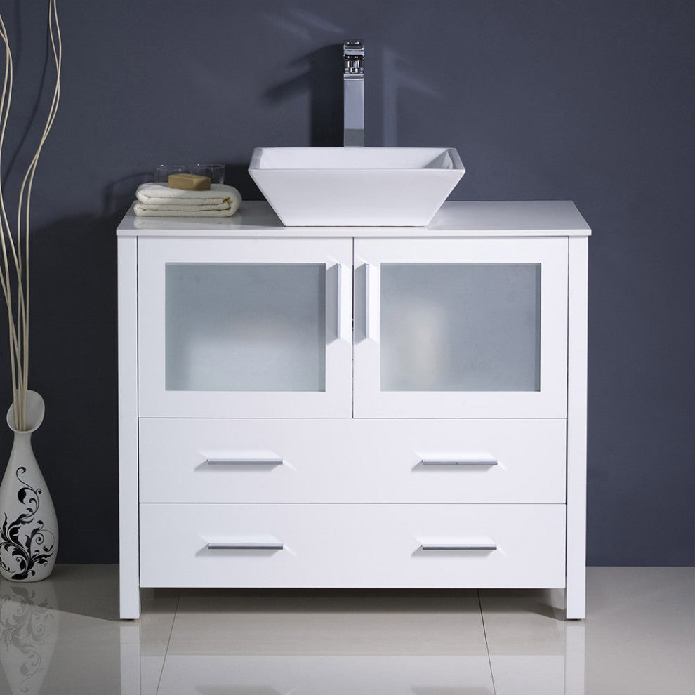 Torino 36" Bathroom Cabinet, Base: White, With Top, Vessel Sink