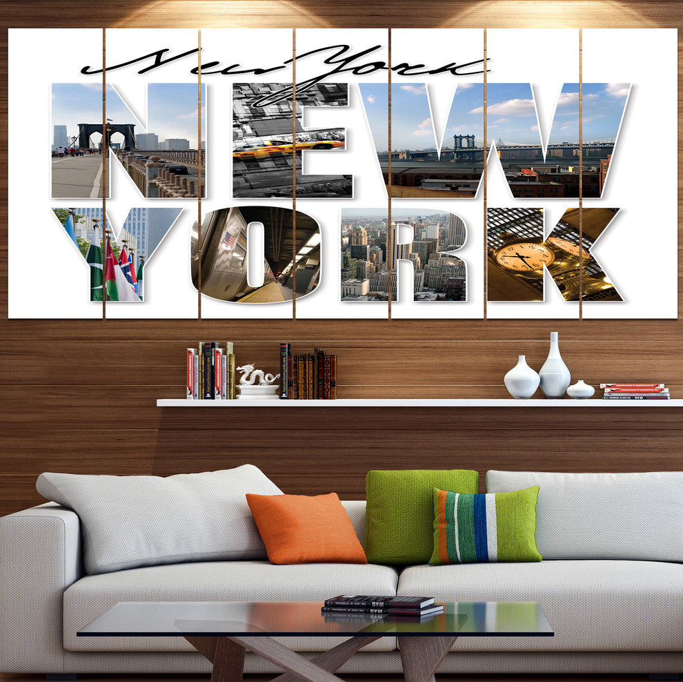New York City Graphic Montage, Cityscape Canvas Art Print, 83"x32", 7 Panels