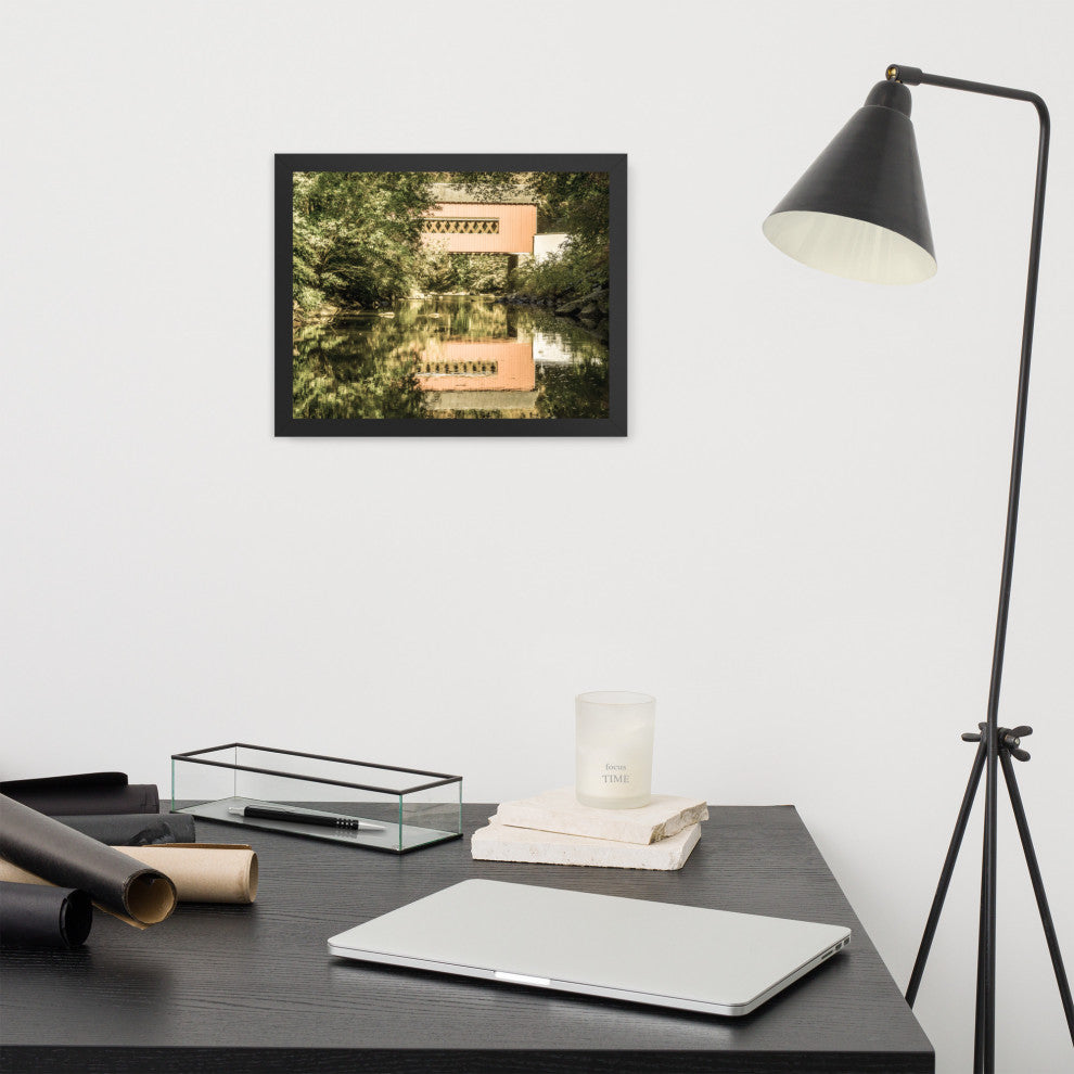 The Reflections of Wooddale Covered Bridge Aged Framed Photo Wall Art Print, Black, 11" X 14"