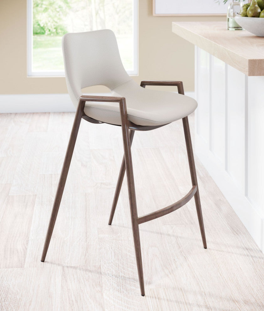 Counter Stool Chair, Set of 2, Faux Vinyl Leather, Steel, Beige, Walnut