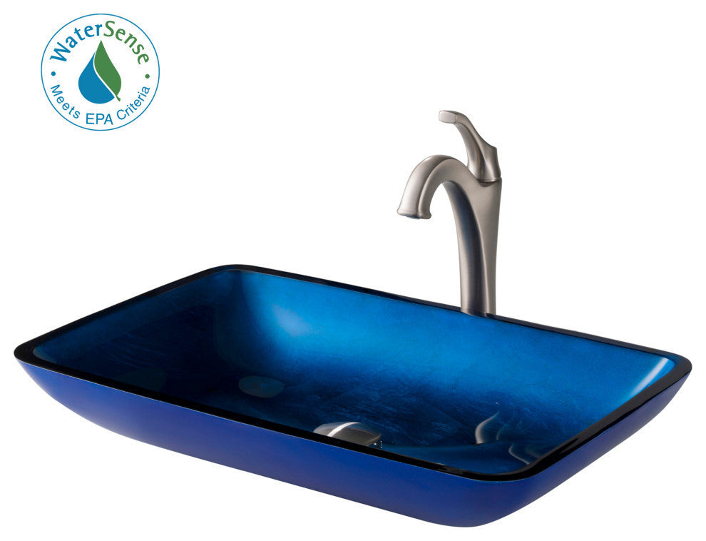 Glass Vessel Sink, Bathroom Arlo Faucet, PU Drain, Mounting Ring, Spot Free Stainless Steel