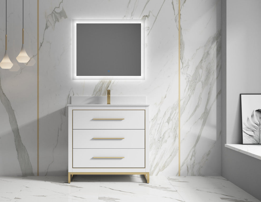 Alma Kathyia Freestanding Bath Vanity, Gold Hardware, 36"