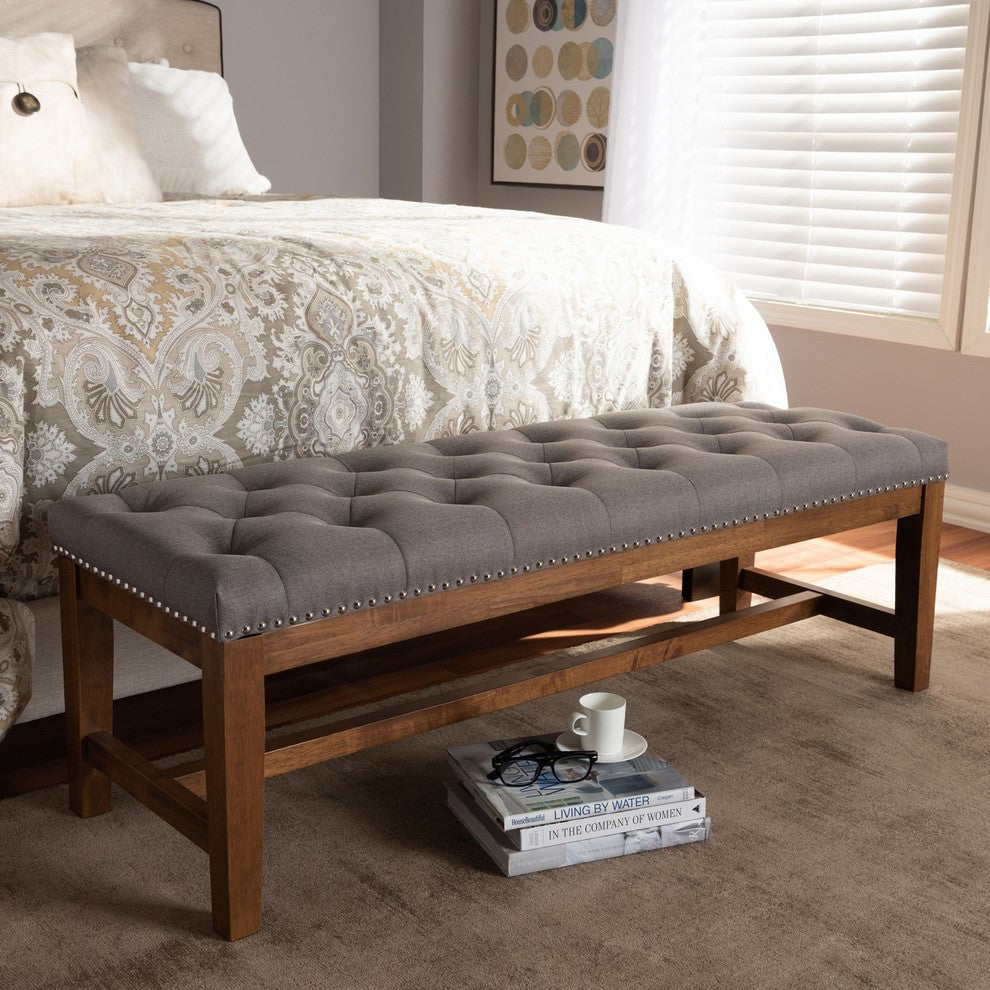 Ainsley Gray Fabric Walnut Solid Rubberwood Bench