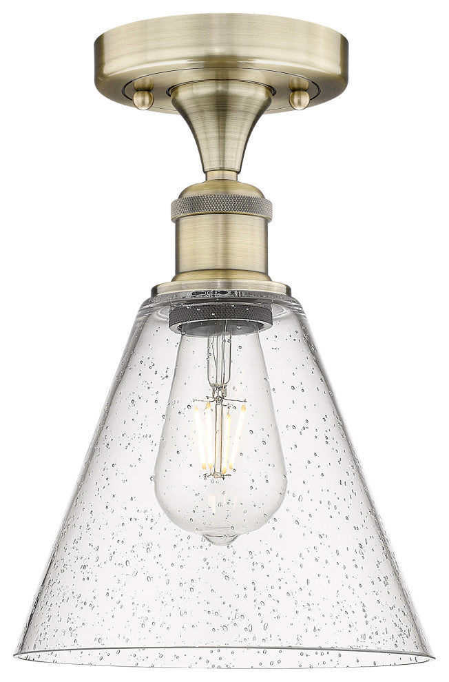 Berkshire-1 Light 8" Semi-Flush Mount-Antique Brass, Seedy Glass Shade