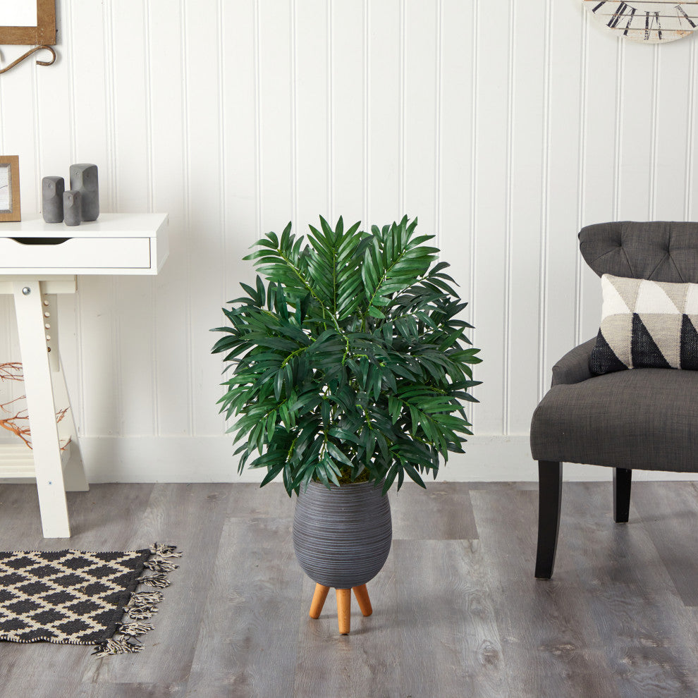 3' Bamboo Palm Artificial Plant, Gray Planter With Stand