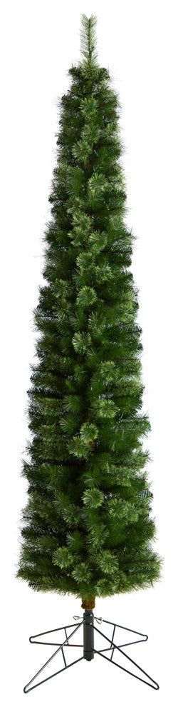 8' Green Pencil Faux Xmas Tree W/Clear, Multifunction Lights & Bendable Branches