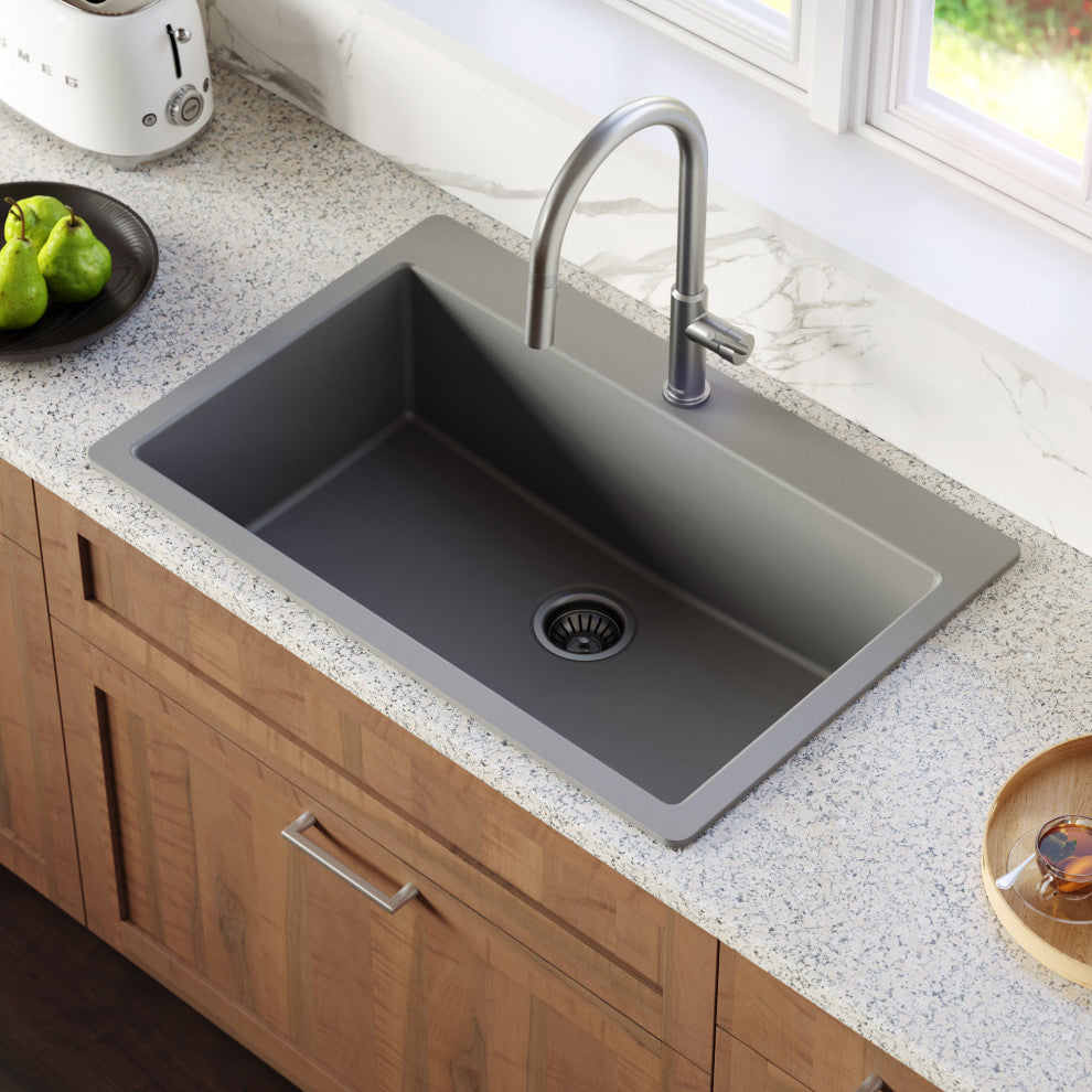 Karran QT-812 Top Mount 33" Large Single Bowl Quartz Sink Kit, Grey