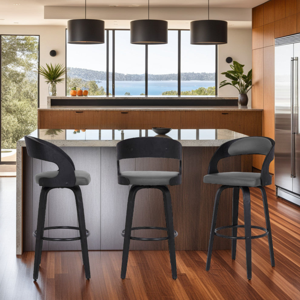 Shelly 26" Counterstool, Black Brush Wood Finish & Gray Faux Leather, Barstool