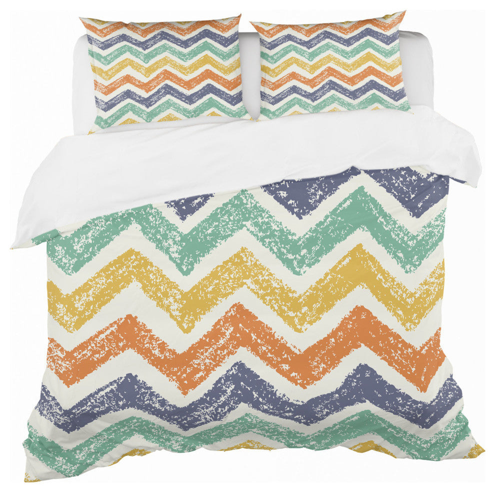 Retro Chevron in Orange Blue and Yellow Vintage Duvet Cover, Twin