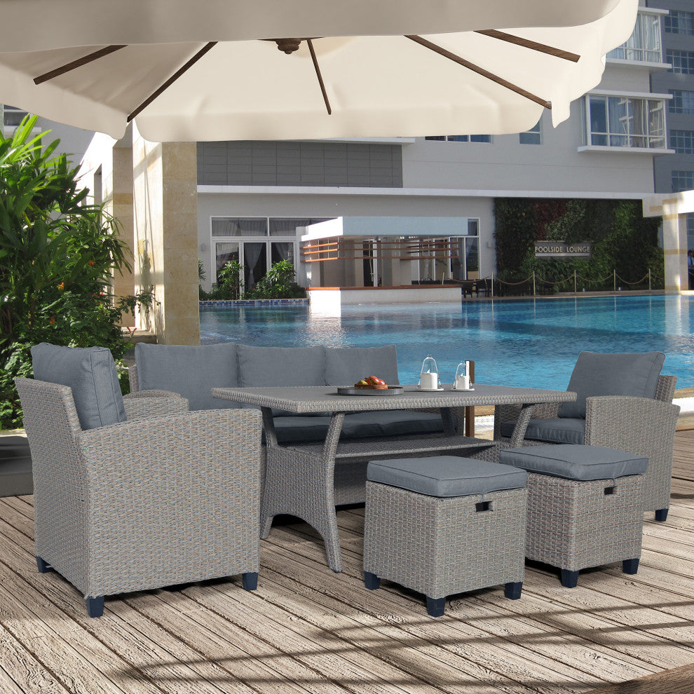 6 Pieces Outdoor Rattan Patio Sectional Sofa Set With Cushions, Dark Gray