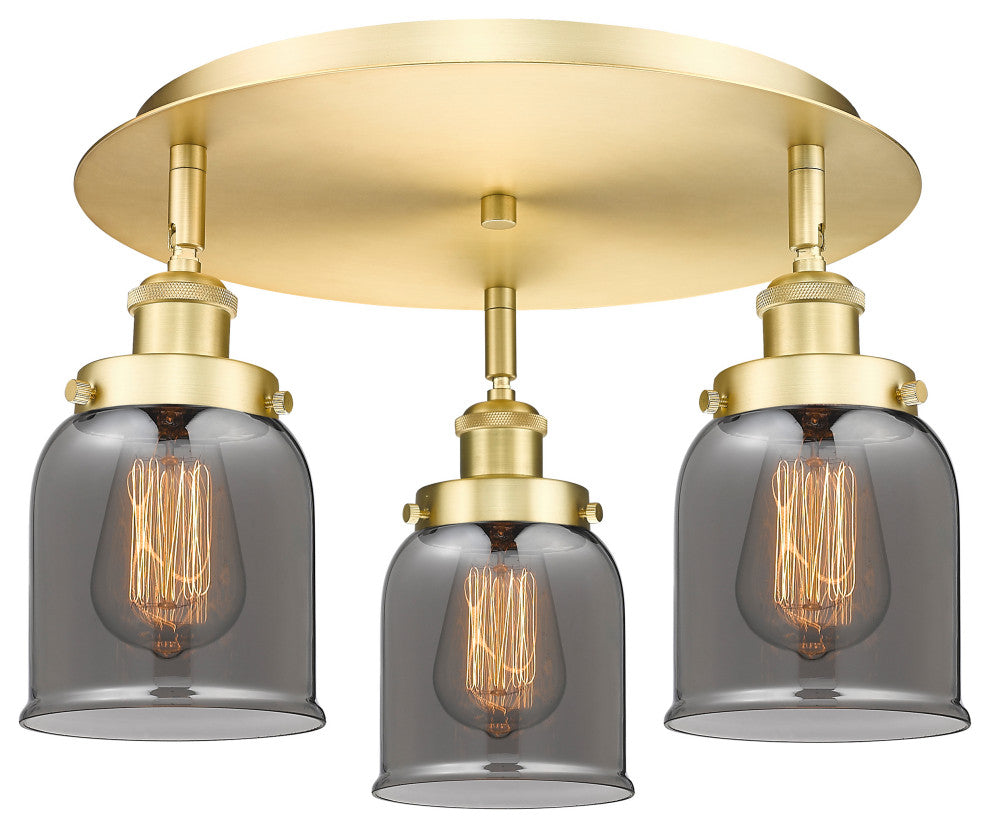 Bell-3 Light 17" Flush Mount-Satin Gold, Plated Smoke Glass Shade