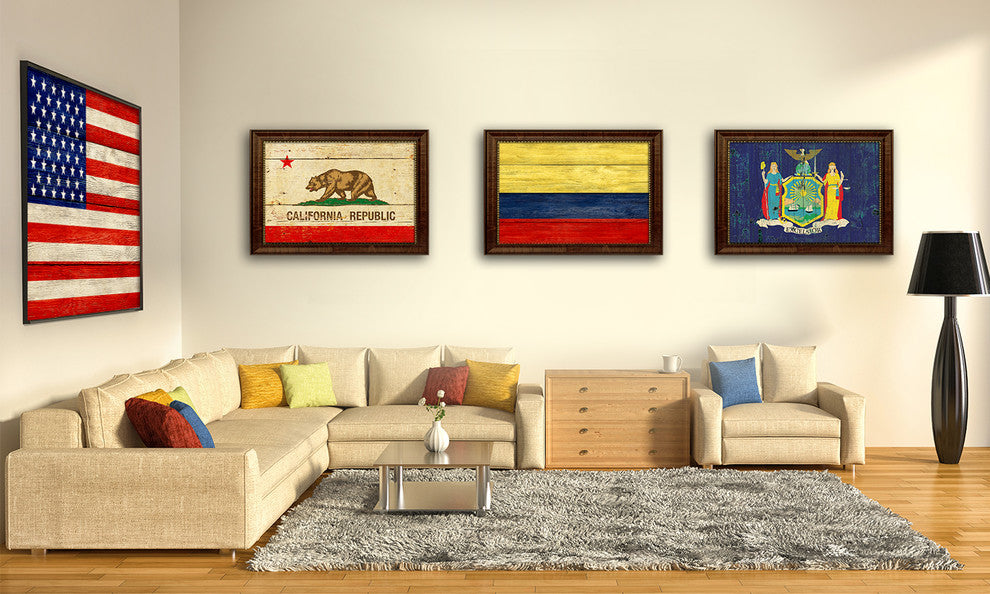 Colombia Country Textured Flag Print With Brown Gold Frame, 19"X27"