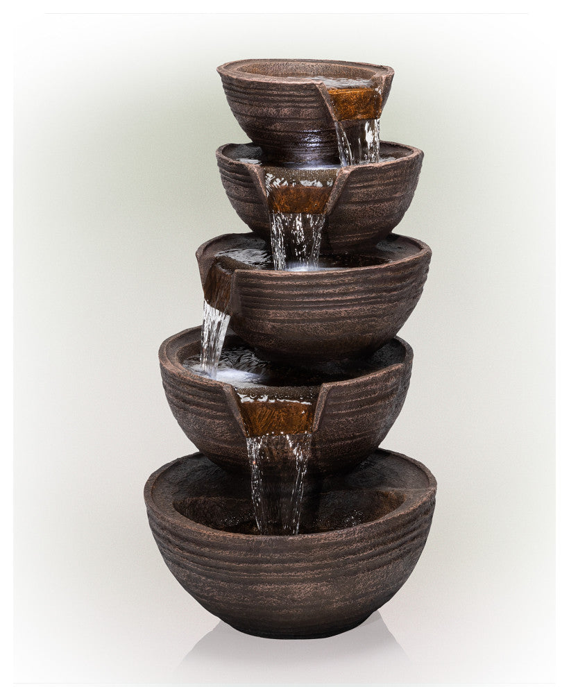 34" Tall Outdoor 5-Tier Modern Bowl Cascading Waterfall Fountain With LED Lights