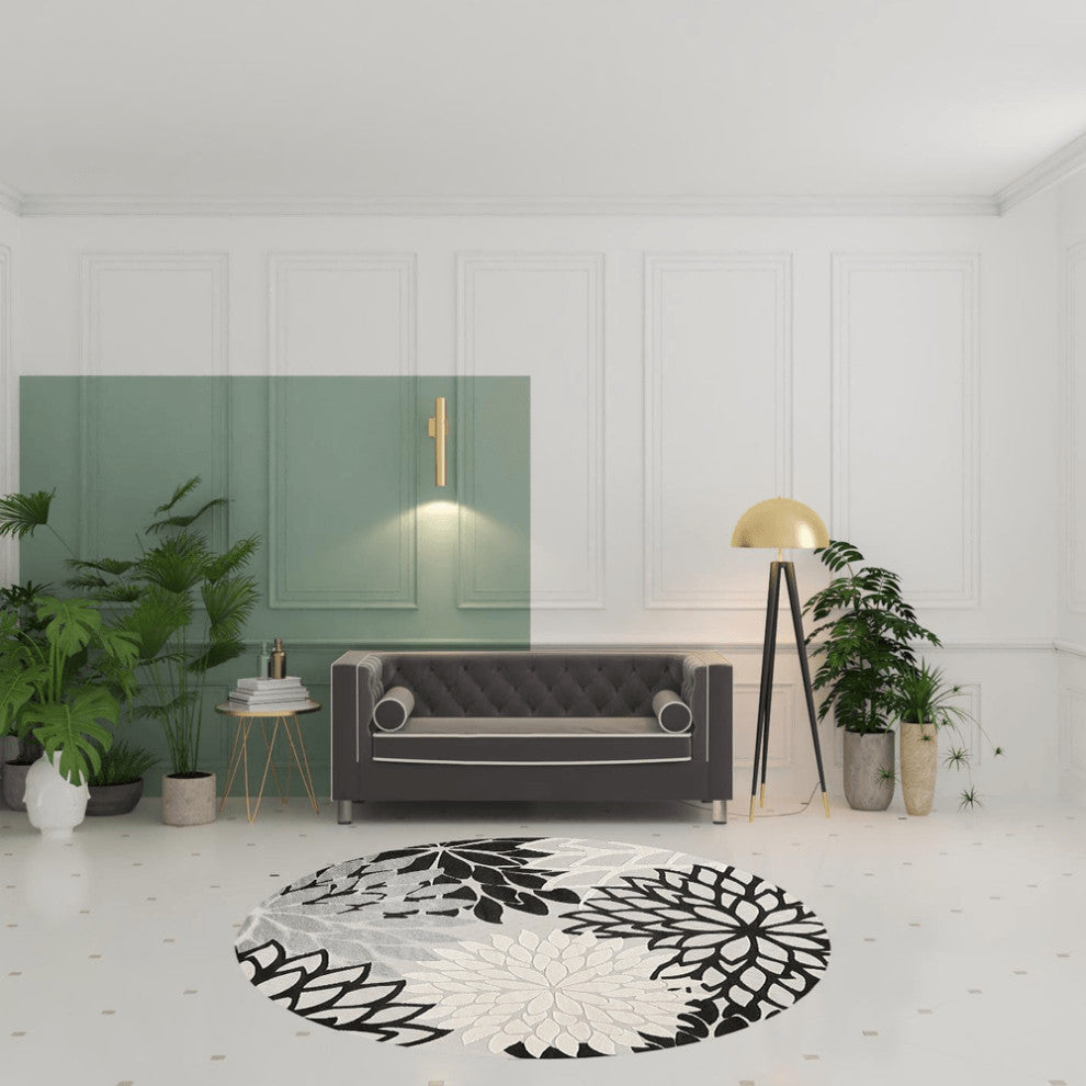 8' X 8' Black And White Round Floral Non Skid Indoor Outdoor Area Rug
