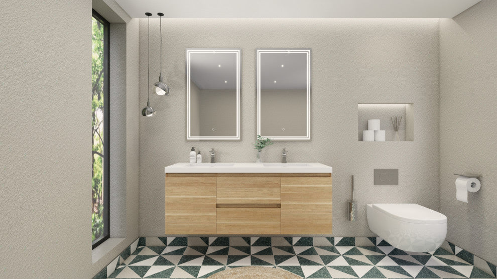 Belli 60" Double Sink Wall Mount Vanity Set, White Oak, Glossy White Top