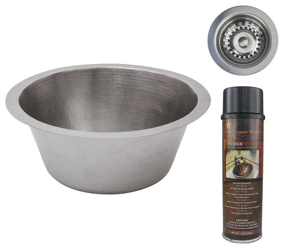 16" Round Hammered Copper Prep Sink, Nickel, 3.5" Drain Opening