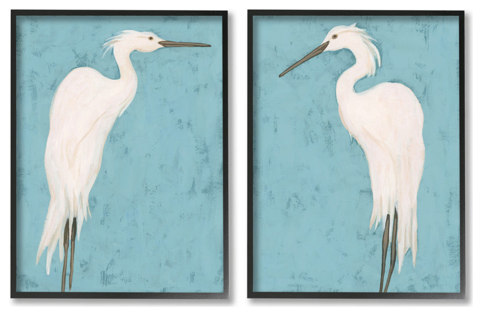 Nautical Heron Casual Coastal Bird Distressed Blue Painting, 2pc, each 24 x 30