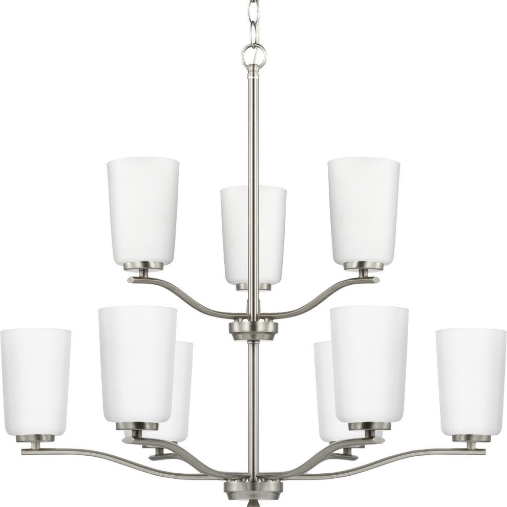 Adley Collection Nine-Light Brushed Nickel Etched White Opal Glass Chandelier