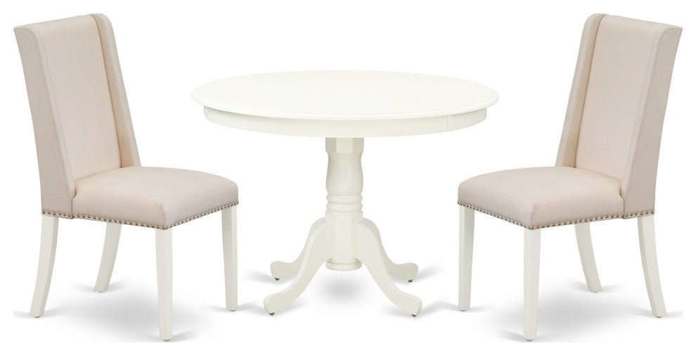 3Pc Kitchen Set, Round Table, 2 Chairs, Cream Chairs Seat, Linen White