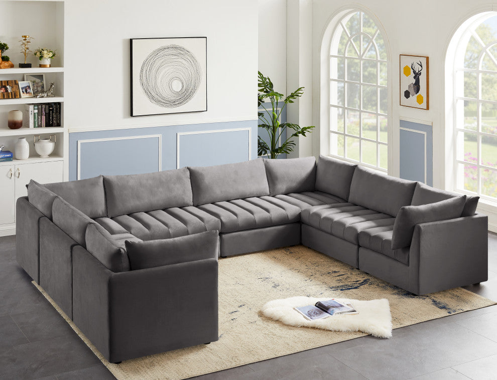 Jacob Velvet Upholstered 8-Piece U-Shaped Modular Sectional, Grey