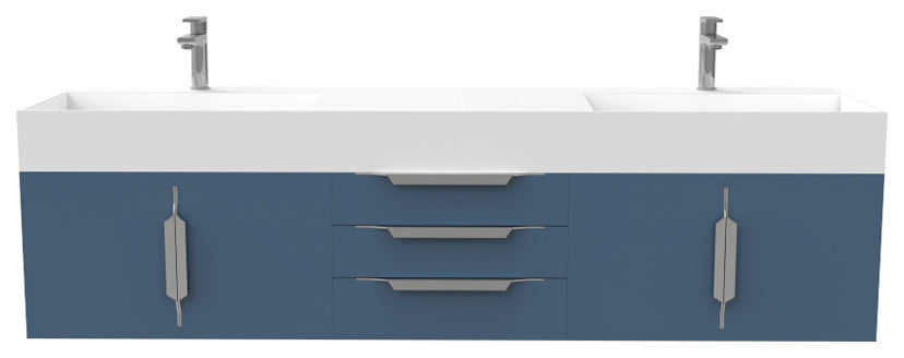 CastelloUSA Amazon 72" Wall Mounted Vanity Set, Blue, White Top, Brushed Nickel