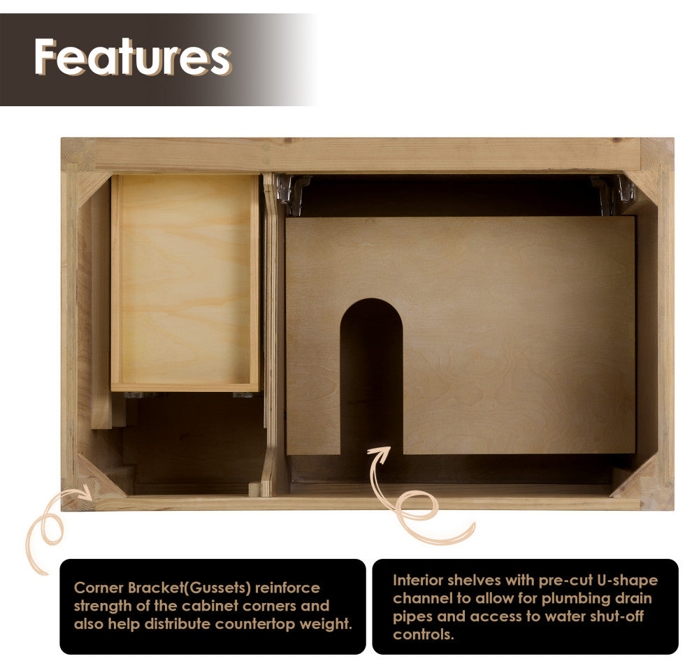 Laurel Bathroom Vanity with Calacatta White Quartz Stone Countertop, Weathered Fir, 36", Without Mirror