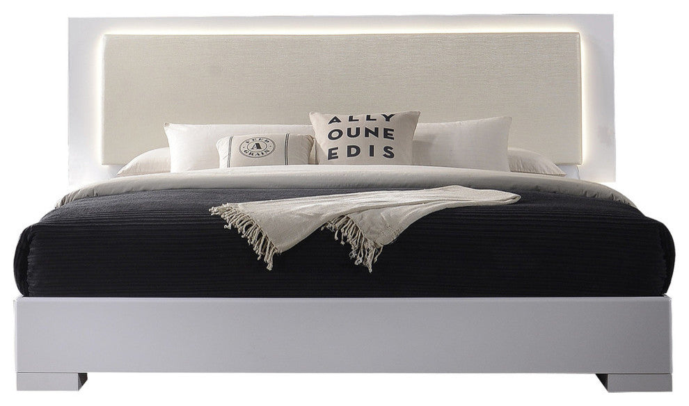 Athens, White Lacquer Platform Bed With LED Lighting, Eastern King