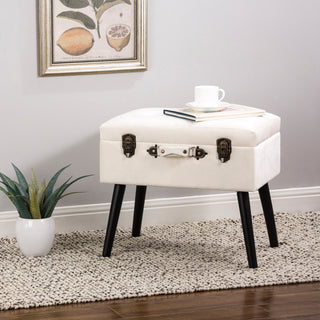 19.69"L Velvet Upholstered Storage Stool, Seashell White