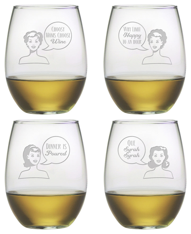 Retro Woman 4-Piece Stemless Wine Glass Set