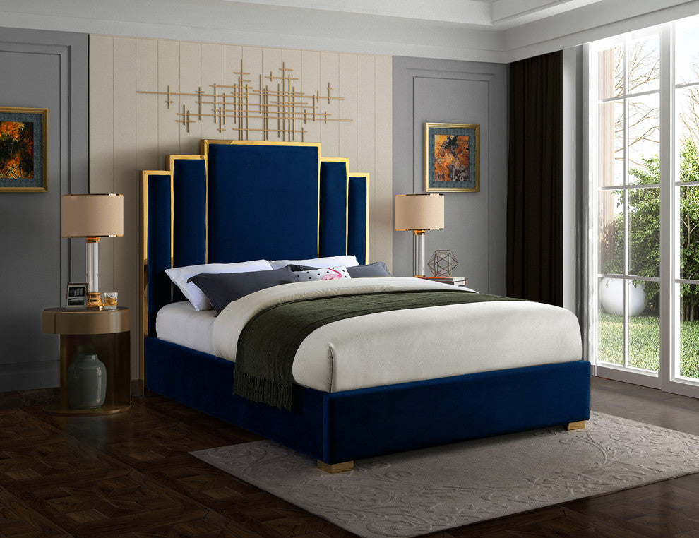Hugo Velvet Queen Bed, Navy