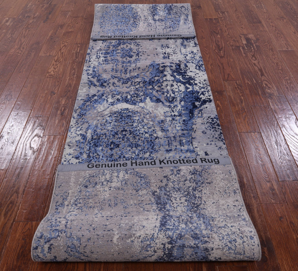 Runner Wool and Silk Modern Handmade Rug 3' 0" X 12' 4" Q9069