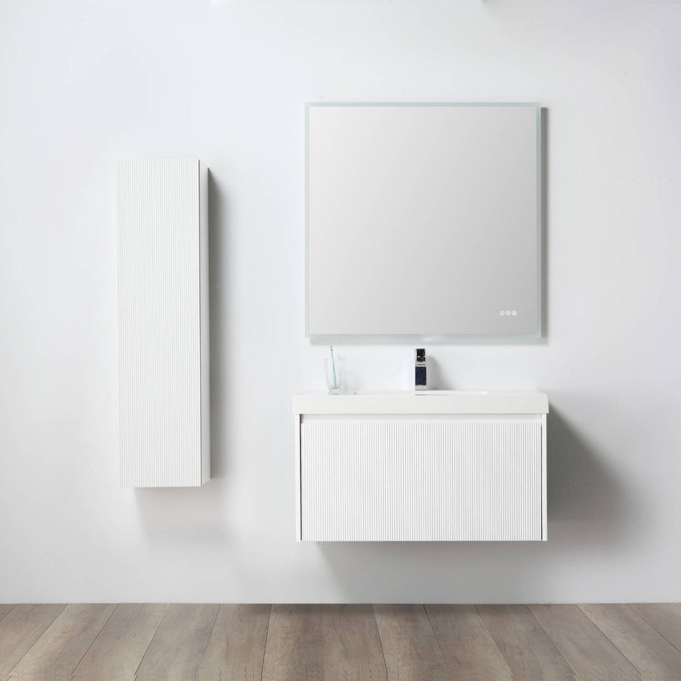 Floating Bathroom Vanity with Sink, Wall Mounted Vanity, White, 36" W/ Sink, Side Cabinet