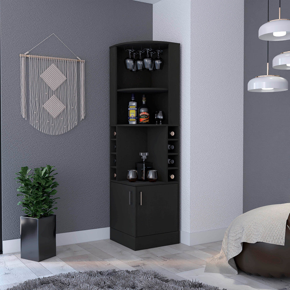 Delhi Corner Bar Cabinet with 8 Wine Cubbies and Glass Rack, Black