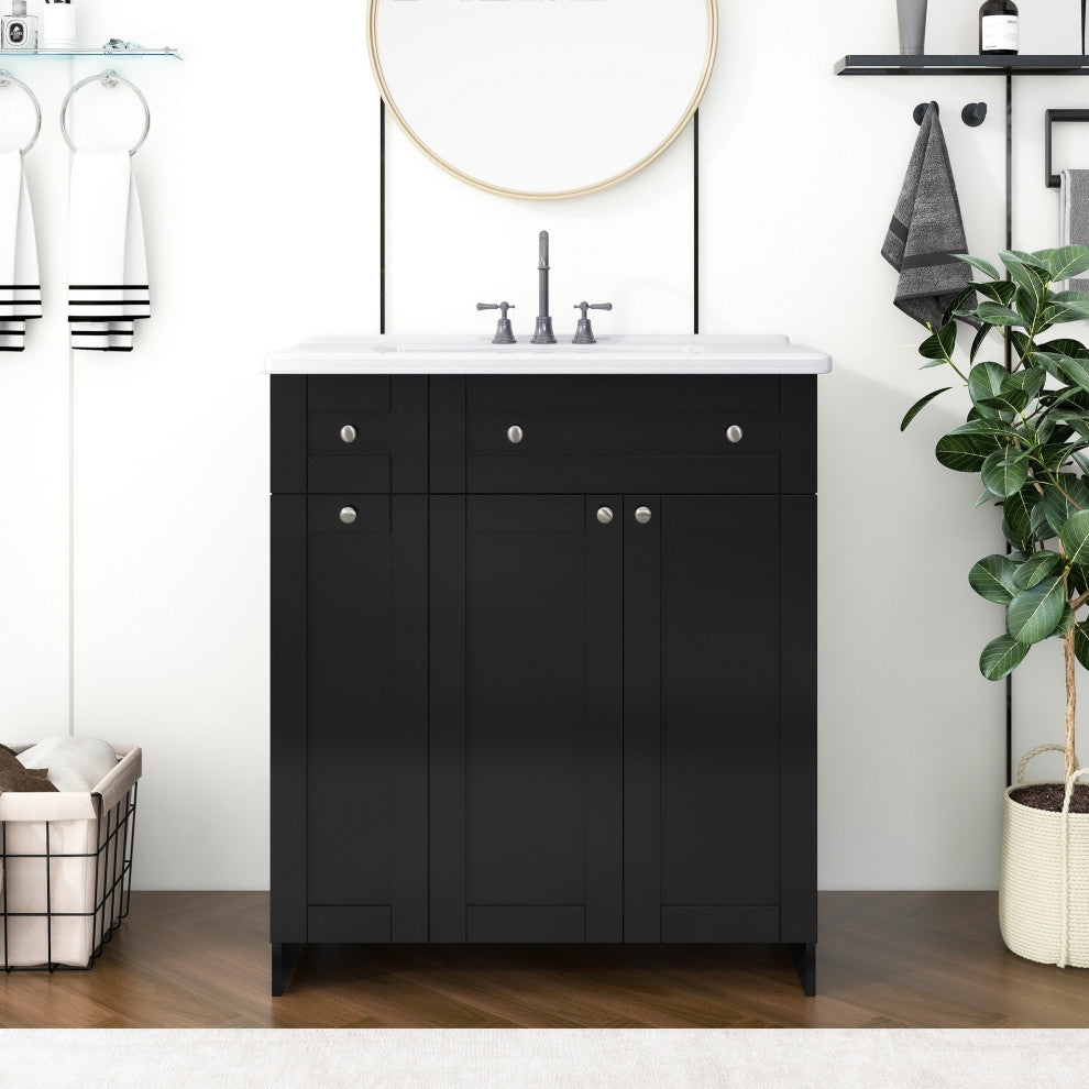TATEUS 30" Bathroom Vanity with Ceramic Basin Resin Sink, black