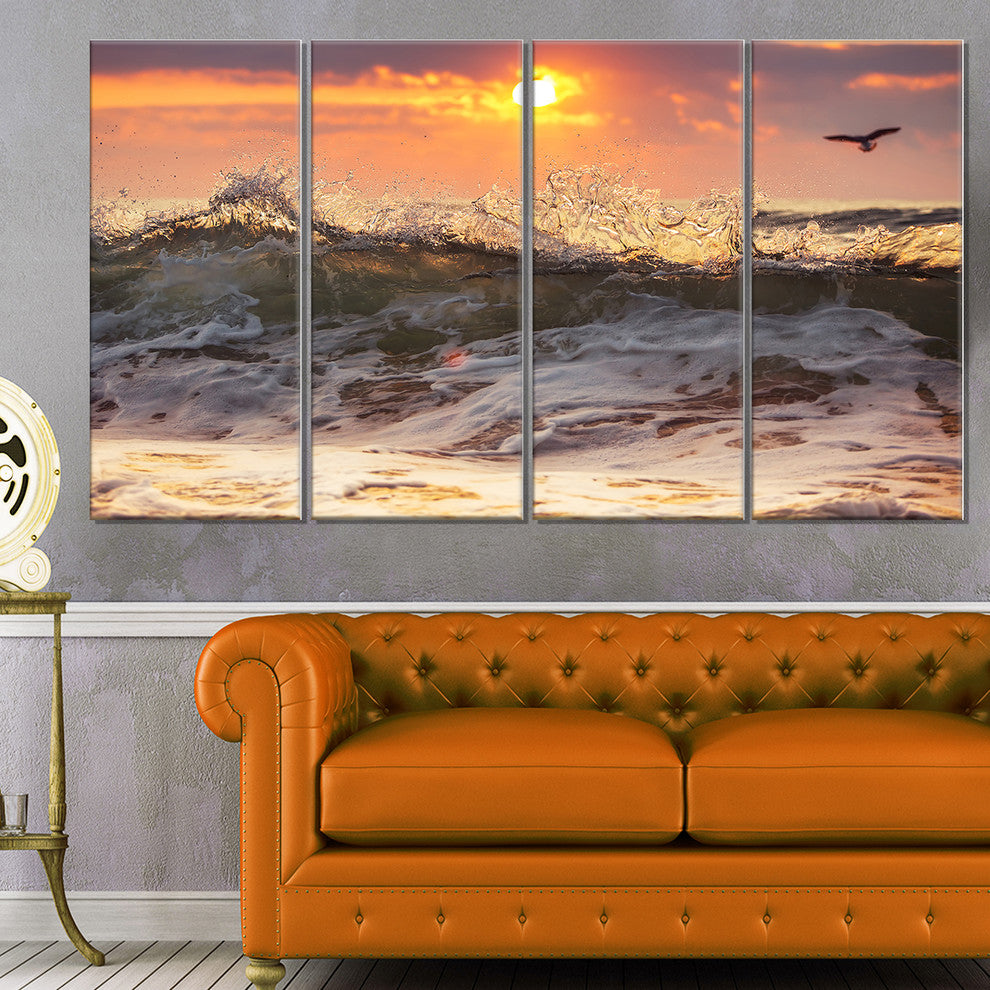 "Sunrise And Roaring Ocean Waves" Seashore Canvas Wall Art, 4 Panels, 48"x28"