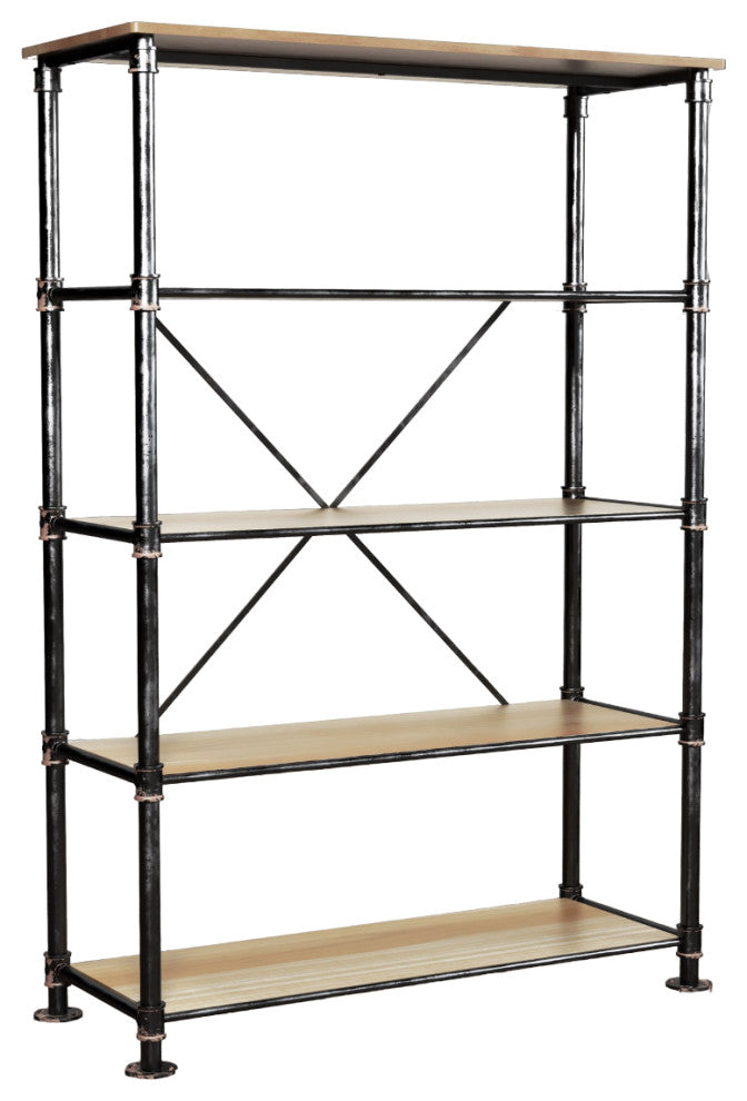 Industrial Bookcase, Pipe Metal Frame With Natural Wooden Shelves, Sand Black