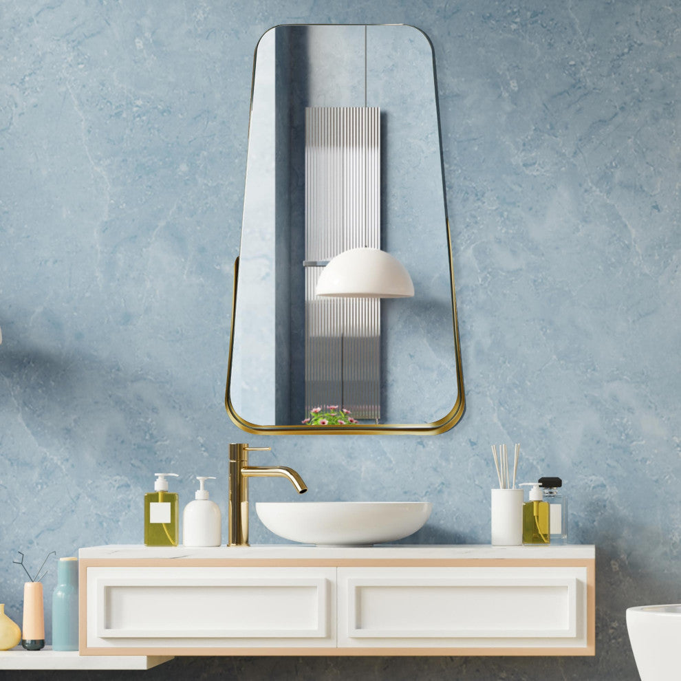Partial Thin Gold Raised Lip Metal Framed Oblong Cone Shaped Accent Mirror