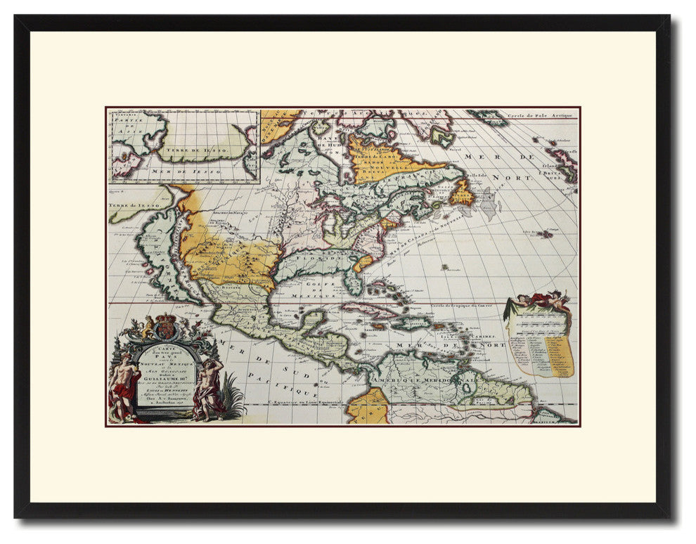 North America Vintage Map Print On Canvas With Picture Frame 16" X 21"