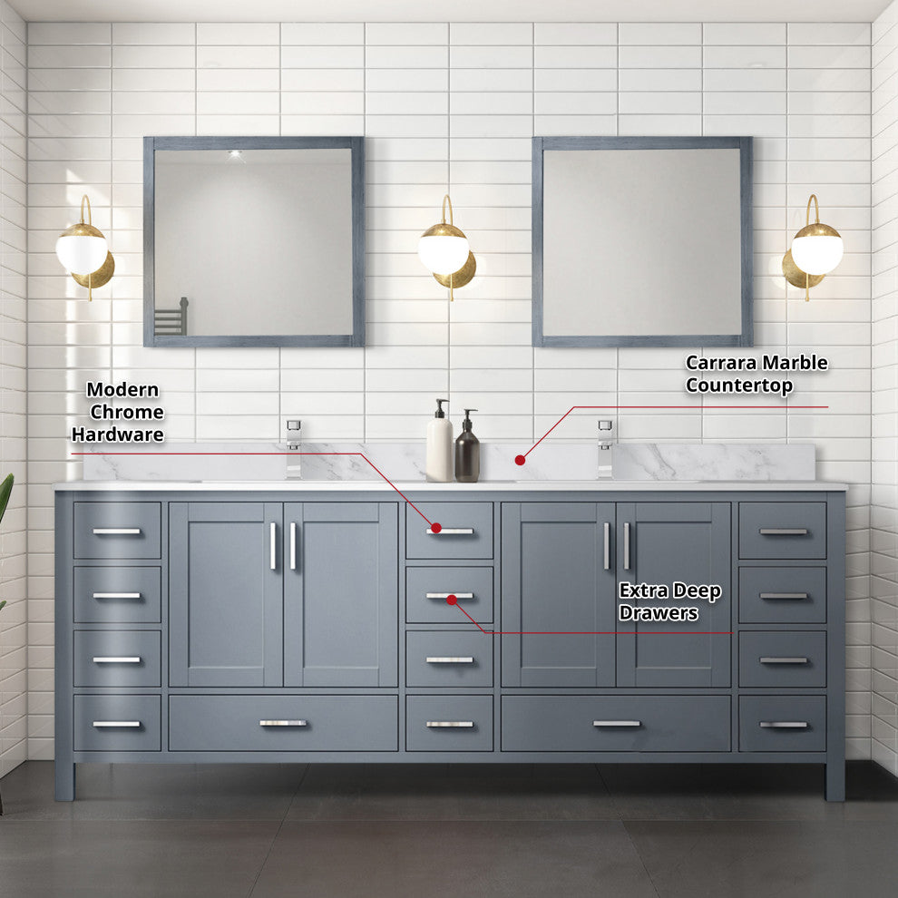 Jacques 84" Dark Gray Double Vanity Carrara Marble Top Sinks, 34" Wall Mirrors