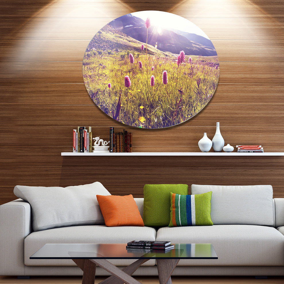 Mountain Pasture With Pink Flowers, Flower Disc Metal Artwork, 23"