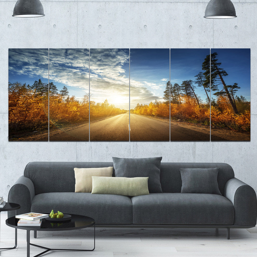 Road in Fall Forest Panorama, Landscape Canvas Art Print, 70"x28", 6 Panels