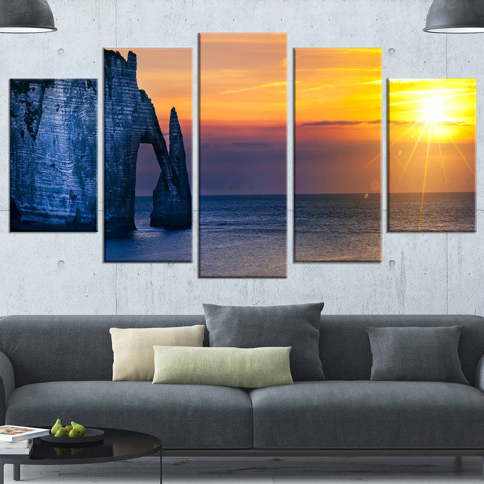 Etretat Cliff Normandy Panorama, Seashore Canvas Wall Art, 60"x32", 5 Panels