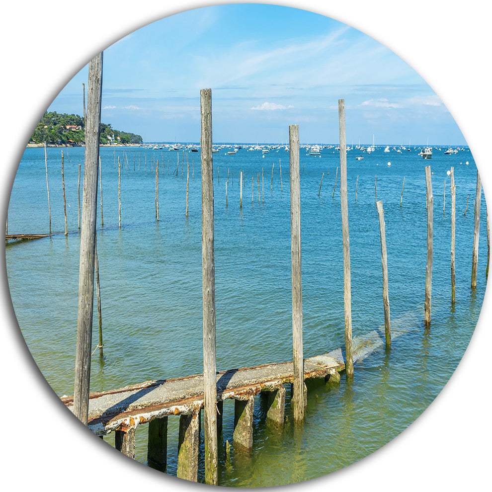 Wooden Piers By Blue Sea, Seascape Photo Disc Metal Wall Art, 36"