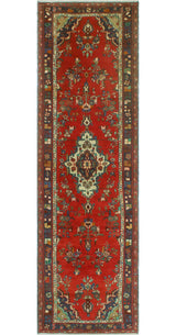 Fine Vintage Distressed Kokumo Red/Navy Runner, 3'4 x 12'1