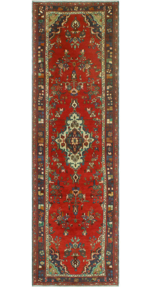 Fine Vintage Distressed Kokumo Red/Navy Runner, 3'4 x 12'1
